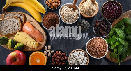 Composition avec des produits alimentaires riches en magnésium. Banque D'Images