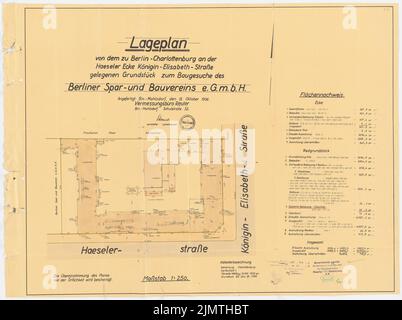 Architecte inconnu, localité de Haeselerstraße, Berlin-Charlottenburg (15 octobre 1936): Bloc 10, Königin-Elisabeth-Straße/Haeselerstraße: Plan du site 1: 250. Encre couleur, aquarelle, sur une cassure du papier, 73,2 x 98 cm (y compris les bords de numérisation) N. : Siedlung Haeselerstraße, Berlin-Charlottenburg Banque D'Images