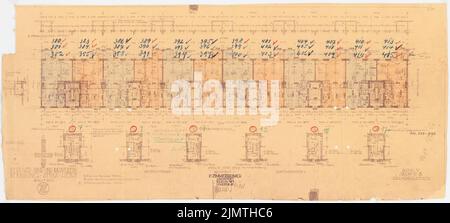 Zimmreimer Paul, localité Attilahöhe, Berlin-Tempelhof (1929-1929): Totilastraße 7-17: Plan d'étage OG. Crayon, crayon de couleur sur une rupture de papier, 41,1 x 91,2 cm (y compris les bords de balayage) Zimmerreimer Paul (1875-1943): Siedlung Attilahöhe, Berlin-Tempelhof Banque D'Images