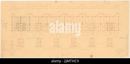 Zimmreimer Paul, localité Attilahöhe, Berlin-Tempelhof (1929-1929): Totilastraße 7-17: Plan d'étage OG. Crayon, crayon de couleur sur une rupture de papier, 40,4 x 90,3 cm (y compris les bords de balayage) Zimmerreimer Paul (1875-1943): Siedlung Attilahöhe, Berlin-Tempelhof Banque D'Images