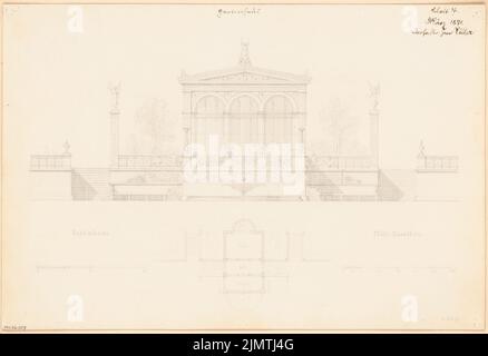 Ziller Hermann (1843-1915), maison de jardin. Compétition mensuelle Mars 1871 (03,1871): Plan d'étage, vue de face de l'ascendance; 2 bandes d'échelle. Crayon sur carton, 32,7 x 47,8 cm (y compris les bords de balayage) Ziller Hermann (1843-1915): Gartenhaus. Monatskonkurrenz März 1871 Banque D'Images