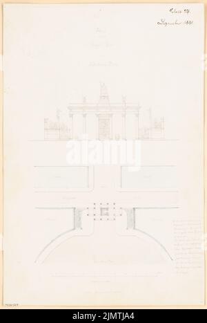 Architecte inconnu, but de victoire sur Belle-Alliance-Platz (Hallesches Tor) à Berlin. Concours mensuel décembre 1871 (12,1871): Plan du site avec plan d'étage, vue de face de l'ascendance; barre d'échelle, texte explicatif. Aquarelle crayon sur la boîte, 48,6 x 32,6 cm (y compris les bords de numérisation) N. : Siegestor auf dem Belle-Alliance-Platz (Hallesches Tor), Berlin-Kreuzberg. Monatskonkurrenz Dezember 1871 Banque D'Images