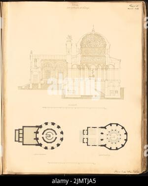 Architecte inconnu, chapelle de tombe. Compétition mensuelle avril 1872 (04,1872): Plan d'étage cave, rez-de-chaussée, section longitudinale; barre d'échelle. Tuche aquarelle sur la boîte, 59,8 x 50,1 cm (y compris les bords de numérisation) N.N. : Grabkapelle. Monatskonkurrenz avril 1872 Banque D'Images