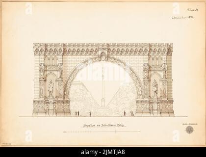 Architecte inconnu, but de victoire sur Belle-Alliance-Platz (Hallesches Tor) à Berlin. Compétition mensuelle décembre 1871 (12,1871) : vue avant du RISS (vue du nord); barre d'échelle. Encre sur carton, 41 x 57,3 cm (y compris les bords de numérisation) N.N. : Siegestor auf dem Belle-Alliance-Platz (Hallesches Tor), Berlin-Kreuzberg. Monatskonkurrenz Dezember 1871 Banque D'Images