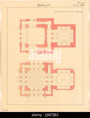 Architecte inconnu, chapelle de tombe. Compétition mensuelle avril 1872 (04,1872): Grundliss Keller, rez-de-chaussée; barre d'échelle. Tuche aquarelle sur la boîte, 38,8 x 31,4 cm (y compris les bords de numérisation) N.N. : Grabkapelle. Monatskonkurrenz avril 1872 Banque D'Images