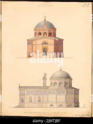 Architecte inconnu, chapelle de tombe. Compétition mensuelle du 1872 avril (04,1872) : vue de face supérieure, vue latérale ; barre d'échelle. Tuche aquarelle sur la boîte, 59,8 x 47 cm (y compris les bords de numérisation) N.N. : Grabkapelle. Monatskonkurrenz avril 1872 Banque D'Images