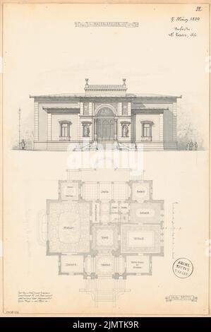 Zaar Heinrich (1847-1904), studio de peintre. Concours mensuel en mars 1874 (03,1874): Plan d'étage rez-de-chaussée, vue de face de la tempête; 2 bandes d'échelle, texte explicatif. Tusche aquarelle sur la boîte, 52,3 x 34,8 cm (y compris les bords de balayage) Zaar Heinrich (1847-1904): Maleratelier. Monatskonkurrenz März 1874 Banque D'Images