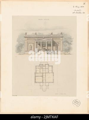 Doebber Adolf (1845-1920), studio de peintre. Compétition mensuelle Mars 1874 (03,1874): Plan d'étage rez-de-chaussée, vue sur le jardin de la torte; 2 bandes d'échelle. Tusche aquarelle sur la boîte, 50,3 x 39,2 cm (y compris les bords de balayage) Doebber Adolf (1845-1920): Maleratelier. Monatskonkurrenz März 1874 Banque D'Images