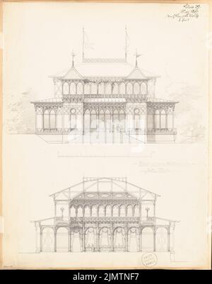 Wolff Fritz (1847-1921), Schützenhaus. Compétition mensuelle du 1876 mai (05,1876) : vue de face supérieure, coupe transversale ; barre d'échelle. Tusche aquarelle sur papier, 57,3 x 45,1 cm (y compris les bords de numérisation) Wolff Fritz (1847-1921): Schützenhaus. Monatskonkurrenz Mai 1876 Banque D'Images