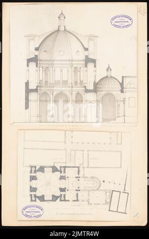 Strack Heinrich (1841-1912), S. Maria coronata in Pavia (sans date): Plan d'étage et section longitudinale. Encre, aquarelle crayon sur carton, 47 x 30,7 cm (y compris les bords de numérisation) Strack Heinrich (1841-1912): S. Maria coronata, Pavie Banque D'Images