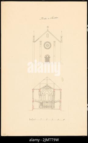 Stüler août (1800-1865), église de Samter (env 1854) : vue de face, coupe transversale. Tuche aquarelle sur papier, 53,3 x 34,2 cm (y compris les bords de numérisation) Stüler Friedrich août (1800-1865): Kirche, Samter Banque D'Images