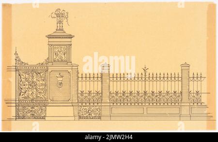 Architecte inconnu, clôture de jardin et porte (sans date): Enceinte en fer forgé avec la moitié du but. Encre sur transparent, 16,5 x 27,1 cm (y compris les bords de numérisation) N. : Gartenzaun und Tor Banque D'Images