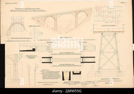 Blum Otto, chemin de fer de montagne silésien (1 avril 1900): Fer Talbrücke. Voir 1: 150, plans d'étage 1: 100, coupes 1:75, 1:20, force les plans. Encre, aquarelle couleur encre sur la boîte, 45,4 x 68,8 cm (y compris les bords de balayage) Blum Otto : Schlesische Gebirgsbahn. Schinkelwettbewerb 1900 Banque D'Images