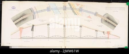 Müller Hermann, chemin de fer portuaire avec cour de triage. Concours Schinkel 1889 (1889): Viaduct. Section longitudinale, plan d'étage 1: 200. Encre, couleur encre, aquarelle sur carton, 49,1 x 130,8 cm (y compris les bords de balayage) Müller Hermann : Hafenbahn mit Rangierbahnhof. Schinkelwettbewerb 1889 Banque D'Images