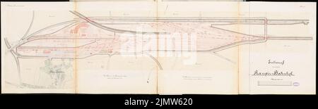 Müller Hermann, chemin de fer portuaire avec cour de triage. Concours Schinkel 1889 (1889) : cour de triage. Plan du site 1 : 1000. Encre, couleur encre, aquarelle crayon sur la boîte, 59,4 x 197,6 cm (y compris les bords de balayage) Müller Hermann : Hafenbahn mit Rangierbahnhof. Schinkelwettbewerb 1889 Banque D'Images