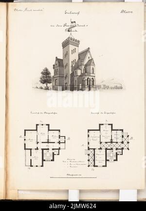 Müller Hermann, chemin de fer portuaire avec cour de triage. Concours Schinkel 1889 (1889) : bâtiment de services de shunt. Vue en perspective, plans d'étage 1: 100. Tuche aquarelle sur la boîte, 68,7 x 49,7 cm (y compris les bords de balayage) Müller Hermann : Hafenbahn mit Rangierbahnhof. Schinkelwettbewerb 1889 Banque D'Images