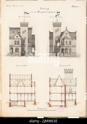 Müller Hermann, chemin de fer portuaire avec cour de triage. Concours Schinkel 1889 (1889) : bâtiment de services de shunt. Vues, coupes 1: 100. Tuche aquarelle sur la boîte, 65,2 x 48,1 cm (y compris les bords de balayage) Müller Hermann : Hafenbahn mit Rangierbahnhof. Schinkelwettbewerb 1889 Banque D'Images