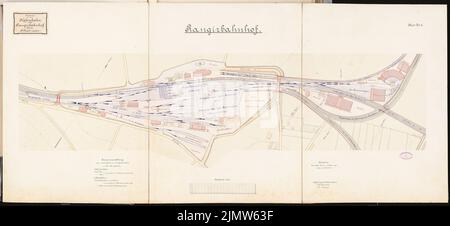 Paul Wilhelm (1862-1924), chemin de fer portuaire avec cour de triage. Concours Schinkel 1889 (1889) : cour de triage. Plan du site 1 : 1000. Encre, couleur encre, crayon aquarelle sur la boîte, 65,2 x 142,6 cm (y compris les bords de numérisation) Paul Wilhelm (1862-1924): Hafenbahn mit Rangierbahnhof. Schinkelwettbewerb 1889 Banque D'Images