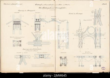 Wattmann John, pont de rue Cologne-Deutz. Concours Schinkel 1892 (1892) : colonne de puissance. Yook: Coupes, plan d'étage, détails 1:25. Encre, couleur encre, aquarelle sur carton, 67,1 x 101,1 cm (y compris les bords de numérisation) Wattmann John : Straßenbrücke Köln-Deutz. Schinkelwettbewerb 1892 Banque D'Images