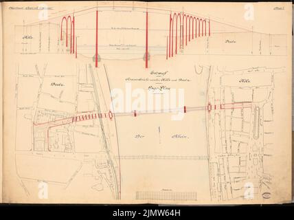 Wattmann John, pont de rue Cologne-Deutz. Concours Schinkel 1892 (1892): Plan du site; profil de longueur 1: 1000. Encre, couleur de l'encre, aquarelle sur pression sur carton, 82,9 x 118,2 cm (y compris les bords de balayage) Wattmann John : Straßenbrücke Köln-Deutz. Schinkelwettbewerb 1892 Banque D'Images