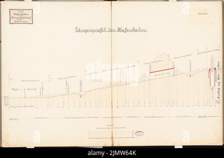 Paul Wilhelm (1862-1924), chemin de fer portuaire avec cour de triage. Concours Schinkel 1889 (1889): Profil de longueur 1: 2000, 1: 200. Encre, couleur encre, aquarelle sur carton, 68,4 x 102,8 cm (y compris les bords de numérisation) Paul Wilhelm (1862-1924): Hafenbahn mit Rangierbahnhof. Schinkelwettbewerb 1889 Banque D'Images