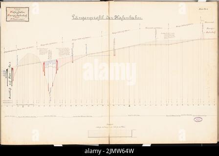 Paul Wilhelm (1862-1924), chemin de fer portuaire avec cour de triage. Concours Schinkel 1889 (1889): Profil de longueur 1: 2000, 1: 200. Encre, couleur encre, aquarelle crayon sur la boîte, 68,6 x 102,6 cm (y compris les bords de numérisation) Paul Wilhelm (1862-1924): Hafenbahn mit Rangierbahnhof. Schinkelwettbewerb 1889 Banque D'Images