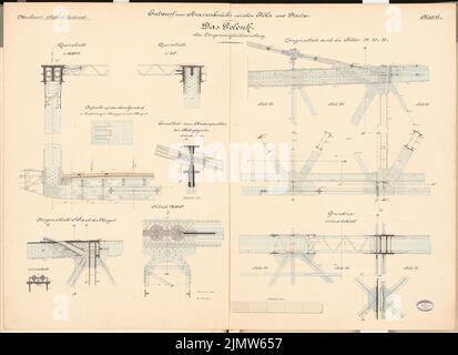 Wattmann John, pont de rue Cologne-Deutz. Concours Schinkel 1892 (1892): Joint. Coupes, plan d'étage, détails 1:25. Encre, couleur encre, aquarelle sur carton, 73,3 x 100,9 cm (y compris les bords de numérisation) Wattmann John : Straßenbrücke Köln-Deutz. Schinkelwettbewerb 1892 Banque D'Images