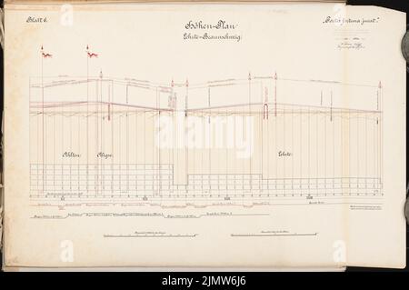 Wolff William, gare de conversion à Lehrte. Concours Schinkel 1902 (22.03.1902): Höhenplan Lehrte-Braunschweig 1: 5000 (longueurs), 1: 200 (aigus). Encre, aquarelle couleur encre sur la boîte, 65,8 x 99,1 cm (y compris les bords de balayage) Wolff William : Umbau Bahnhof, Lehrte. Schinkelwettbewerb 1902 Banque D'Images