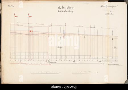 Wolff William, gare de conversion à Lehrte. Concours Schinkel 1902 (22.03.1902): Höhenplan Lehrte-Hamburg 1: 5000 (longueurs), 1: 200 (aigus). Encre, aquarelle couleur encre sur la boîte, 65,4 x 99,4 cm (y compris les bords de balayage) Wolff William : Umbau Bahnhof, Lehrte. Schinkelwettbewerb 1902 Banque D'Images