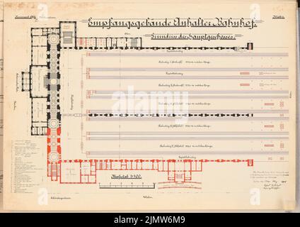 Guttstadt Richard (né en 1879), agrandissement et reconception de la gare Anhalter Bahnhof de Berlin. Concours Schinkel 1908 (19 mars 1908): Bâtiment de réception. Grundriss HG 1 : 400. Encre, encre colorée sur carton, 48,4 x 68,4 cm (y compris les bords de balayage) Guttstadt Richard Johann (1879-1942): Erweiterung und Umgestaltung des Anhalter Bahnhofs, Berlin. Schinkelwettbewerb 1908 Banque D'Images