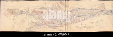 Guttstadt Richard (né en 1879), agrandissement et reconception de la gare Anhalter Bahnhof de Berlin. Concours Schinkel 1908 (03/19/1908): Grundriss 1: 1000, Viaduc Hochbahn via Tempelhofer Ufer, vue 1: 400, section de passage d'ascenseur 1: 100. Encre - aquarelle colorée sur une rupture sur la boîte, 68,1 x 241,1 cm (y compris les bords de balayage) Guttstadt Richard Johann (1879-1942): Erweiterung und Umgestaltung des Anhalter Bahnhofs, Berlin. Schinkelwettbewerb 1908 Banque D'Images