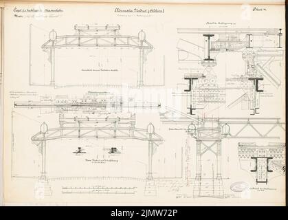 Noß Max (mort en 1893), Hochbahn à Berlin. Concours Schinkel 1884 (1884): Viaduct, supports: Coupures, détails. Encre, couleur encre, crayon sur carton, 46,1 x 64,4 cm (y compris les bords de numérisation) Noß Max (Gest. 1893): Hochbahn, Berlin. Schinkelwettbewerb 1884 Banque D'Images