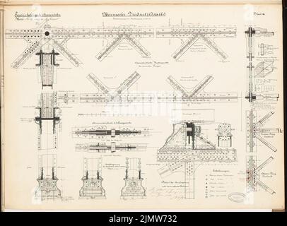 Noß Max (mort en 1893), Hochbahn à Berlin. Concours Schinkel 1884 (1884): Viaduct, supports et transporteurs: Détails (coupes, calculs). Encre, couleur encre, crayon sur carton, 48,2 x 65,2 cm (y compris les bords de numérisation) Noß Max (Gest. 1893): Hochbahn, Berlin. Schinkelwettbewerb 1884 Banque D'Images