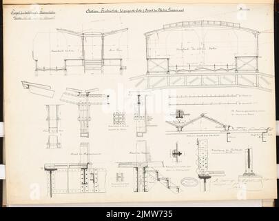 Noß Max (mort en 1893), Hochbahn à Berlin. Concours Schinkel 1884 (1884): Gare: Plates-formes, toits, porteurs, escaliers (coupures 1:10, 1:50). Encre, encre colorée sur carton, 48,9 x 66 cm (y compris les bords de numérisation) Noß Max (Gest. 1893): Hochbahn, Berlin. Schinkelwettbewerb 1884 Banque D'Images