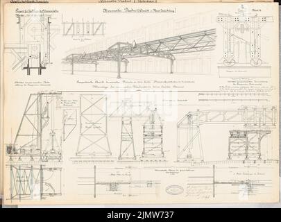 Noß Max (mort en 1893), Hochbahn à Berlin. Concours Schinkel 1884 (1884): Viaduct, dispositif d'assemblage: Coupes, vues, vue perspective. Encre, couleur de l'encre, aquarelle sur carton, 48,6 x 65,7 cm (y compris les bords de numérisation) Noß Max (Gest. 1893): Hochbahn, Berlin. Schinkelwettbewerb 1884 Banque D'Images