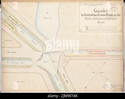 Gerlach Friedrich (1856-1938), installation portuaire et chenal à Berlin-Gesundbrunnen (canal nord). Concours Schinkel 1886 (18 juin 1886) : bouche et écluse d'égout. Plan du site 1 : 1000. Encre, couleur encre, aquarelle sur carton, 50,4 x 67,9 cm (y compris les bords de balayage) Gerlach Friedrich (1856-1938): Hafen- und Kanalanlage, Berlin-Gesundbrunnen (Nordkanal). Schinkelwettbewerb 1886 Banque D'Images