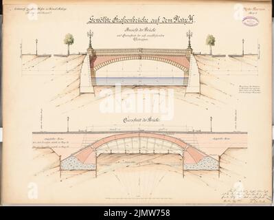 Gerlach Friedrich (1856-1938), installation portuaire et chenal à Berlin-Gesundbrunnen (canal nord). Concours Schinkel 1886 (18 juin 1886) : pont routier. Voir, coupe 1 : 100. Encre, couleur encre, aquarelle sur carton, 50,8 x 67,5 cm (y compris les bords de balayage) Gerlach Friedrich (1856-1938): Hafen- und Kanalanlage, Berlin-Gesundbrunnen (Nordkanal). Schinkelwettbewerb 1886 Banque D'Images