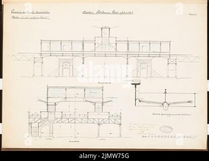 Noß Max (mort en 1893), Hochbahn à Berlin. Concours Schinkel 1884 (1884): Gare: Transversale et longitudinale section 1: 100, détail 1:10. Encre, encre colorée sur carton, 47,2 x 65,2 cm (y compris les bords de numérisation) Noß Max (Gest. 1893): Hochbahn, Berlin. Schinkelwettbewerb 1884 Banque D'Images