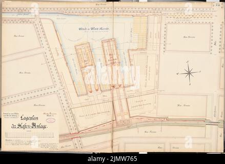 Gerlach Friedrich (1856-1938), installation portuaire et chenal à Berlin-Gesundbrunnen (canal nord). Concours Schinkel 1886 (18 juin 1886) : complexe portuaire. Plan du site 1 : 1000. Encre, couleur encre, aquarelle sur carton, 67,9 x 99,3 cm (y compris les bords de balayage) Gerlach Friedrich (1856-1938): Hafen- und Kanalanlage, Berlin-Gesundbrunnen (Nordkanal). Schinkelwettbewerb 1886 Banque D'Images