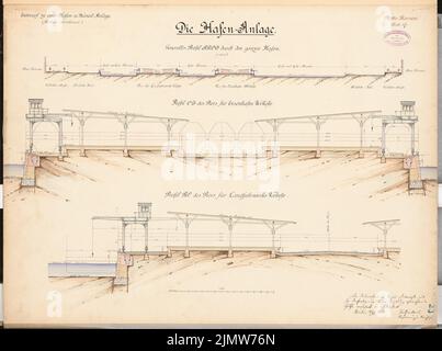 Gerlach Friedrich (1856-1938), installation portuaire et chenal à Berlin-Gesundbrunnen (canal nord). Concours Schinkel 1886 (18 juin 1886) : complexe portuaire. Profils (coupes) 1: 1000, 1: 100. Encre, couleur encre, aquarelle sur carton, 50,2 x 67,5 cm (y compris les bords de balayage) Gerlach Friedrich (1856-1938): Hafen- und Kanalanlage, Berlin-Gesundbrunnen (Nordkanal). Schinkelwettbewerb 1886 Banque D'Images