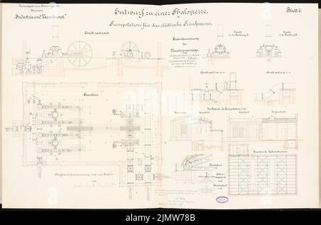 Bois Nicolaus, barrage. Concours Schinkel 1895 (03/15/1895): Station de pompage pour l'eau potable urbaine: Coupes, plans d'étage, vues 1: 100, 1:50, détails 1:10. Encre, couleur encre, aquarelle sur carton, 66,9 x 101,8 cm (y compris les bords de balayage) Holz Nicolaus : Talsperre. Schinkelwettbewerb 1895 Banque D'Images