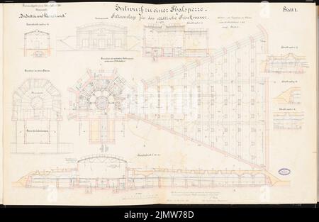 Bois Nicolaus, barrage. Concours Schinkel 1895 (15 mars 1895): Système de filtration de l'eau potable urbaine: Coupes, plans d'étage, vues 1: 100. Encre, couleur encre, aquarelle sur carton, 66,9 x 102,9 cm (y compris les bords de balayage) Holz Nicolaus : Talsperre. Schinkelwettbewerb 1895 Banque D'Images