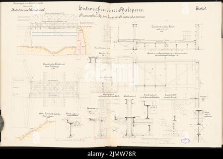 Bois Nicolaus, barrage. Concours Schinkel 1895 (15 mars 1895) : pont routier. Plans d'étage, coupes 1: 100, 1:20, détails 1:10. Encre, couleur encre, aquarelle sur carton, 66,4 x 99,4 cm (y compris les bords de balayage) Holz Nicolaus : Talsperre. Schinkelwettbewerb 1895 Banque D'Images