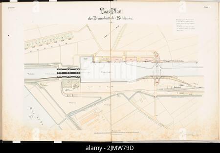 Franzius Otto, ferry suspendu au-dessus du canal Kaiser Wilhelm (canal Ostsee Nord) près de Brunsbüttel. Concours Schinkel 1903 (15 août 1904): Selon plan 1: 2000. Crayon sur l'encre, aquarelle couleur encre sur la boîte, 65,3 x 100,6 cm (y compris les bords de balayage) Franzius Otto : Schwebefähre über den Kaiser-Wilhelm-Kanal (Nord-Ostsee-Kanal) BEI Brunsbüttel. Schinkelwettbewerb 1903 Banque D'Images