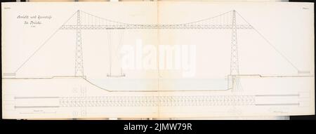 Franzius Otto, ferry suspendu au-dessus du canal Kaiser Wilhelm (canal Ostsee Nord) près de Brunsbüttel. Concours Schinkel 1903 (15 août 1904) : vue et plan du pont 1 : 200. Crayon sur l'encre, aquarelle couleur encre sur la boîte, 50,4 x 132,7 cm (y compris les bords de balayage) Franzius Otto : Schwebefähre über den Kaiser-Wilhelm-Kanal (Nord-Ostsee-Kanal) BEI Brunsbüttel. Schinkelwettbewerb 1903 Banque D'Images