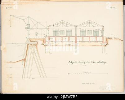 Franzius Otto, ferry suspendu au-dessus du canal Kaiser Wilhelm (canal Ostsee Nord) près de Brunsbüttel. Concours Schinkel 1903 (15 août 1904) : Kaianlage. Coupe 1 : 100. Crayon sur l'encre, aquarelle couleur encre sur la boîte, 50,3 x 67,5 cm (y compris les bords de balayage) Franzius Otto : Schwebefähre über den Kaiser-Wilhelm-Kanal (Nord-Ostsee-Kanal) BEI Brunsbüttel. Schinkelwettbewerb 1903 Banque D'Images