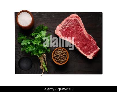 Morceau de viande de bœuf frais, steak de striploin, vue de dessus. Morceau de viande marbré New York Banque D'Images