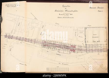 Jänecke Louis, agrandissement du Stadtbahn de Berlin. Concours Schinkel 1905 (26 novembre 1906): Gare ferroviaire Alexanderplatz. Plan du site. Encre, encre aquarelle colorée sur une rupture sur la boîte, 69 x 103 cm (y compris les bords de balayage) Jänecke Louis : Ausbau der Berliner Stadtbahn. Schinkelwettbewerb 1905 Banque D'Images