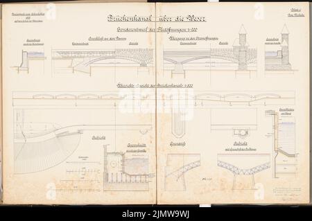 GERECKE Paul, pont au-dessus du Weser pour le canal Rhin-Egg près de Minden. Concours Schinkel 1905 (15 mars 1905): Chenal de pont: Projet spécial des ouvertures d'inondation. Voir, coupes, plans d'étage 1: 200, 1:75, 1:50, 1:25, vue globale 1: 500. Encre, encre couleur aquarelle sur la boîte, 65,8 x 98,9 cm (y compris les bords du scan) Gerecke Paul : Brückenkanal über die Weser für den Rhein-Elbe-Kanal BEI Minden. Schinkelwettbewerb 1905 Banque D'Images