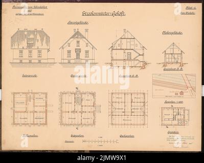 GERECKE Paul, pont au-dessus du Weser pour le canal Rhin-Egg près de Minden. Concours Schinkel 1905 (15.03.1905): Meubles de garde de route: Vues, coupes, plans d'étage 1: 100, plan d'emplacement 1: 1000. Encre, encre couleur aquarelle sur la boîte, 49,4 x 65,8 cm (y compris les bords du scan) Gerecke Paul : Brückenkanal über die Weser für den Rhein-Elbe-Kanal BEI Minden. Schinkelwettbewerb 1905 Banque D'Images